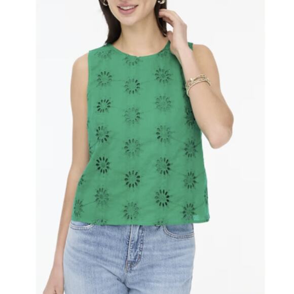 J.Crew Eyelet Shell Tank Top SZ M Dublin Green Lined Sleeveless Crew Neck Cotton - Picture 1 of 8